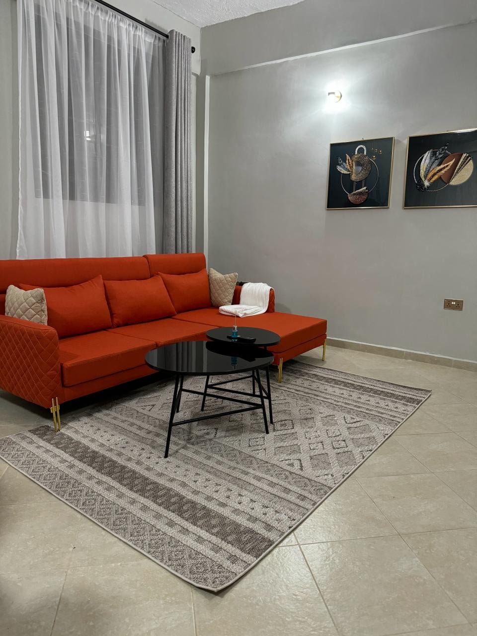 A modern living area is showcased with an orange sofa, complemented by a black coffee table. Art pieces hang on the wall above the table. Natural light filters through sheer white curtains, while a patterned area rug adds texture to the floor.
