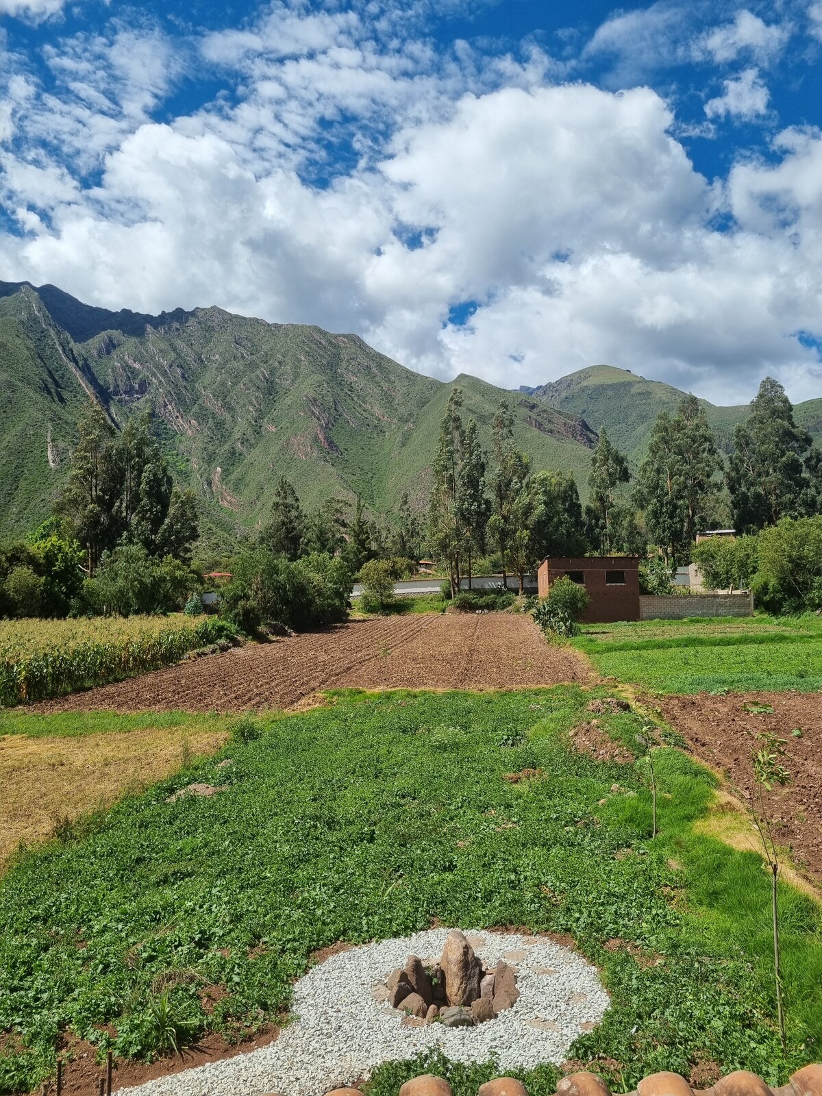 A panoramic view of lush green fields and cultivated land is presented, framed by majestic mountains in the background. Bright blue skies are filled with white clouds, and a small stone fire pit is outlined on the ground, providing an inviting focal point in the landscape.