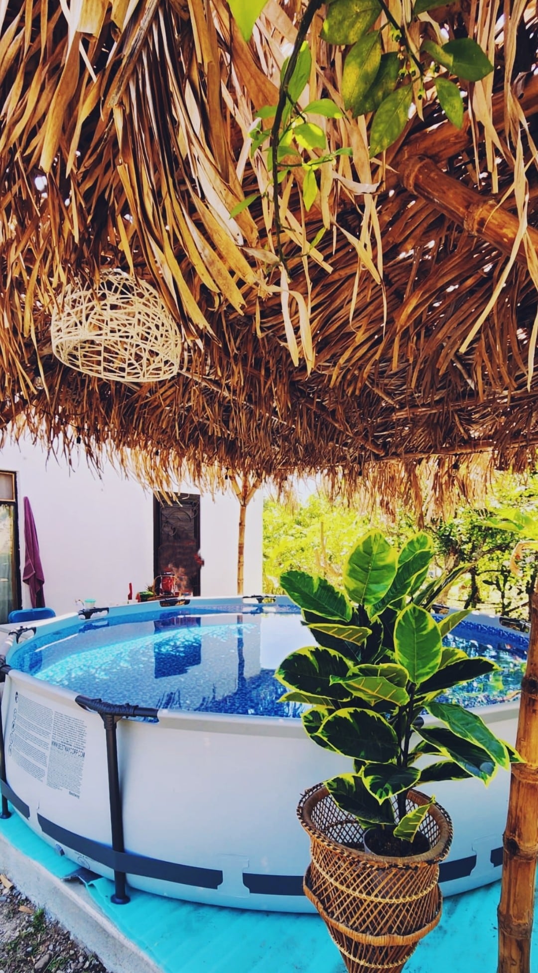A circular pool with clear blue water is framed by a bamboo structure with a thatched roof. A potted plant is positioned nearby, adding greenery. The tranquil setting is enhanced by natural surroundings, suggesting a serene atmosphere for relaxation.