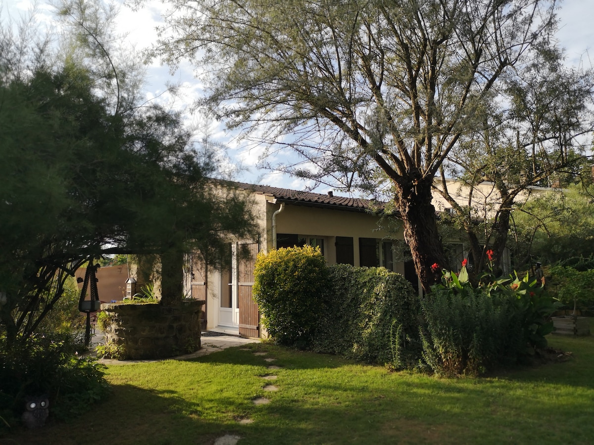 The exterior of the house is surrounded by a lush garden featuring a variety of plants and flowers. A pathway leads to the entrance, framed by green foliage. Mature trees provide shade, creating a serene environment. A small covered area is visible to the left.