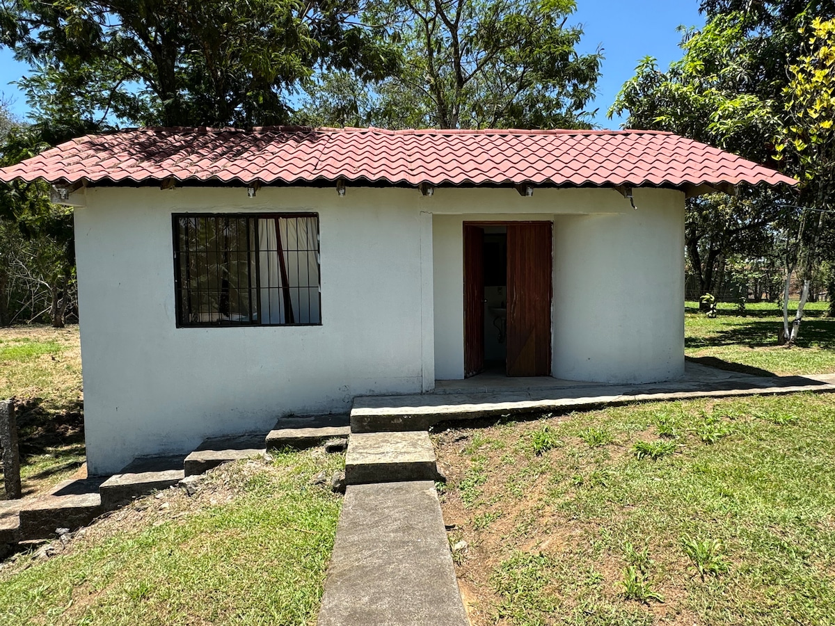 A small, single-story building is shown with a red-tiled roof and a wooden door. A large window is present next to the entrance, allowing natural light to fill the interior. The surrounding area features well-maintained grass and trees, enhancing the tranquil setting.