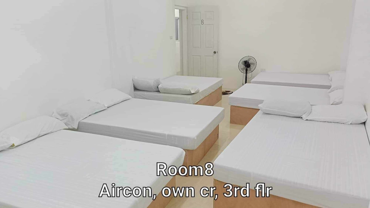 A spacious room is furnished with several beds arranged in a neat manner, providing ample sleeping areas. Each bed is equipped with a pillow and a light blanket. A ceiling fan and a doorway are visible, while bright natural light illuminates the room.