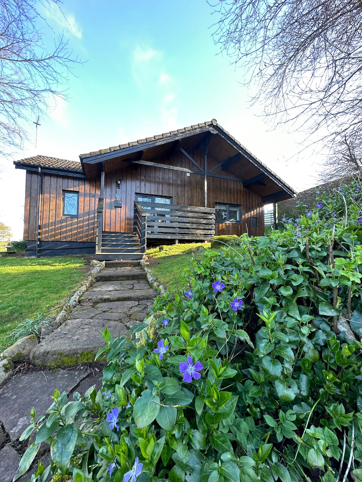 A modern cabin is positioned against a clear blue sky, featuring wooden exterior and a front porch. Pathway stones lead through lush green grass and blooming purple flowers, creating a welcoming entrance to the property.