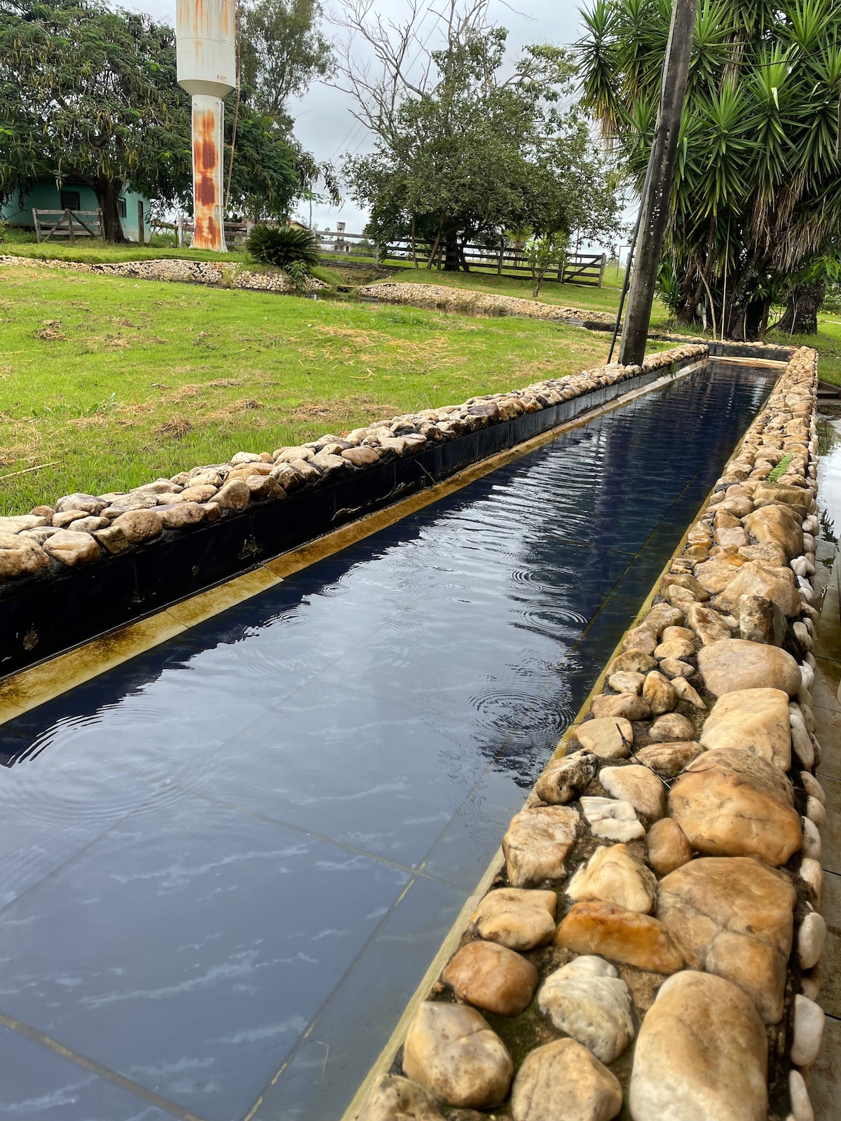 A narrow water channel is lined with smooth stones on both sides, reflecting the surrounding greenery. The water is calm, showcasing a serene landscape that invites relaxation. Trees and grass are visible in the background, contributing to a natural setting.
