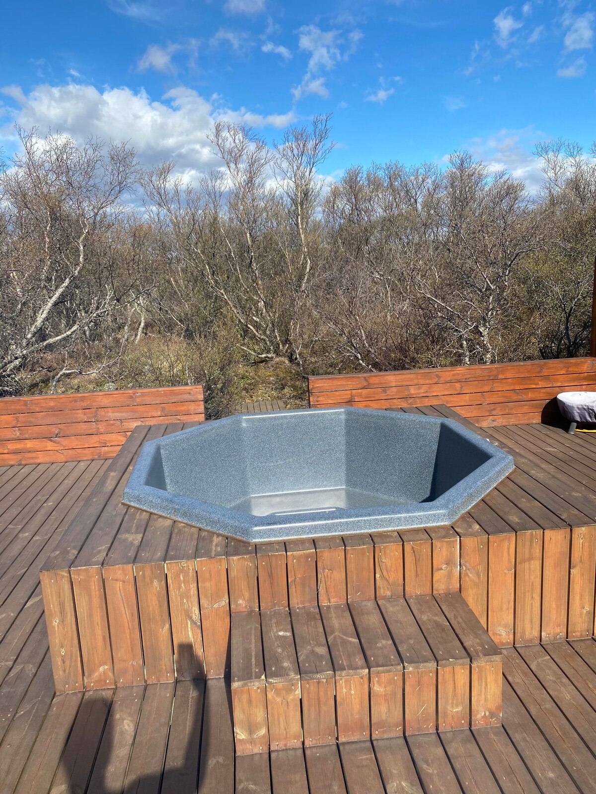 An octagonal hot tub is positioned on a wooden deck, surrounded by a natural landscape of trees and shrubs. The decking features a raised area leading to the tub, allowing for easy access. The sky is clear with a few scattered clouds.