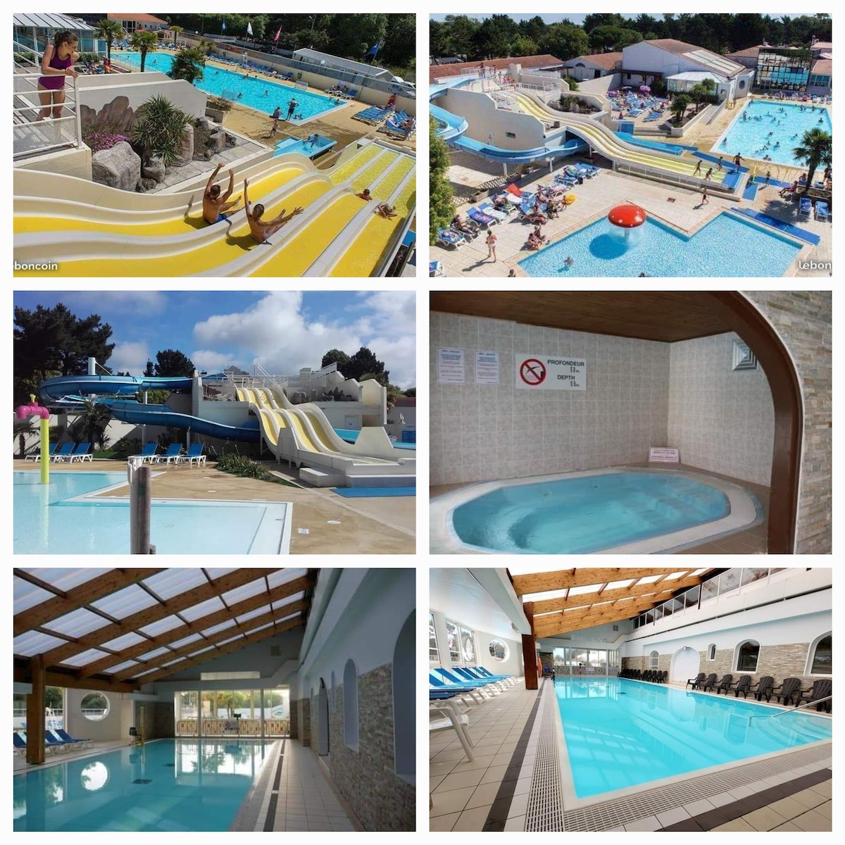 Multiple pools and water slides are featured, showcasing various heights and widths for enjoyment. A spa area with a hot tub is visible, along with an indoor swimming pool surrounded by lounge chairs under a skylight, allowing natural light to brighten the space.