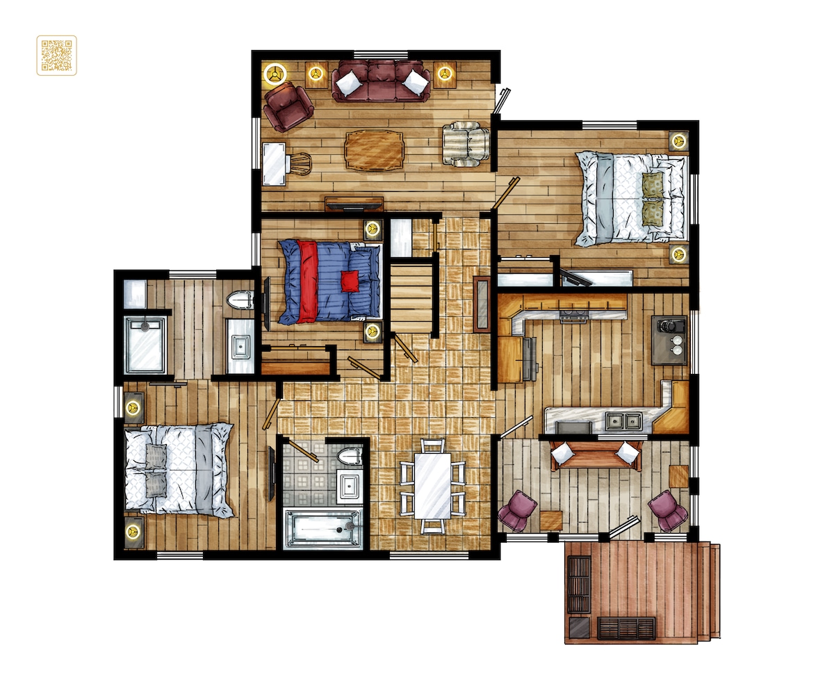 A detailed floor plan is presented, showcasing the layout of the home. Three bedrooms, two bathrooms, a spacious living area, and a kitchen are illustrated. Clear pathways connect each room, providing an overview of the open-concept design and accessible spaces.