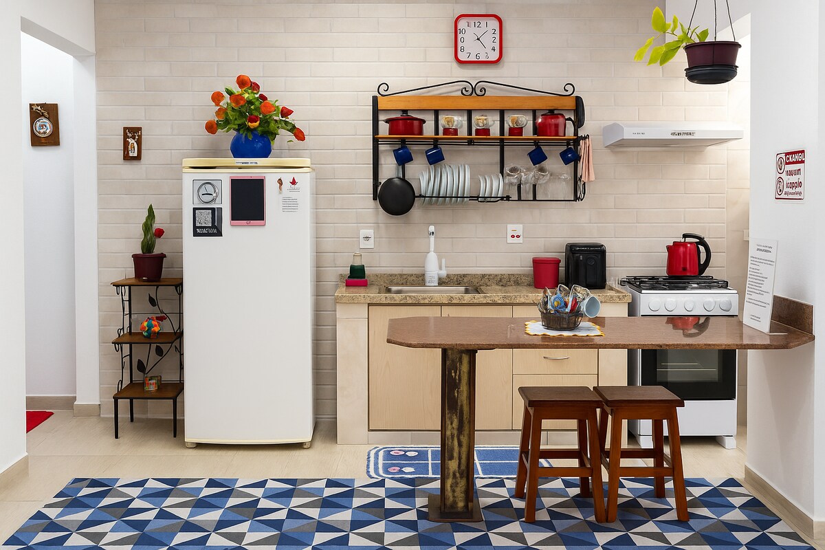 A bright kitchen area is equipped with modern appliances, including a refrigerator and stove. A wooden table with two stools is positioned in front of a countertop. Decorative items, including plants and colorful dishware, adorn the shelves above the sink, complemented by a patterned rug on the floor.