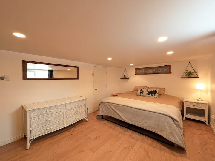 Basement room with 1 king size bed and 1 single bed. Total of 3 people 