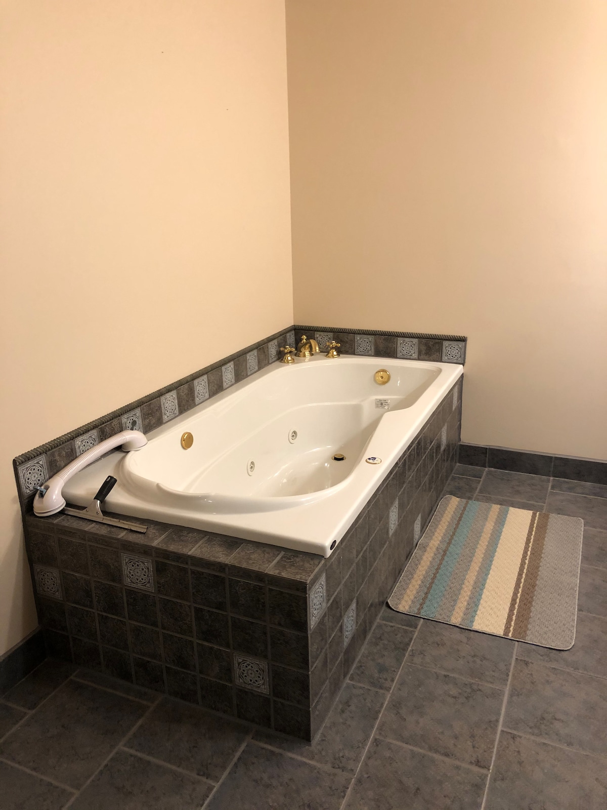 A spacious jetted tub is positioned against a tiled backdrop, featuring gold fixtures. The surrounding area is accented by neutral tile flooring and a textured area rug, providing a cozy touch to the modern bathroom.