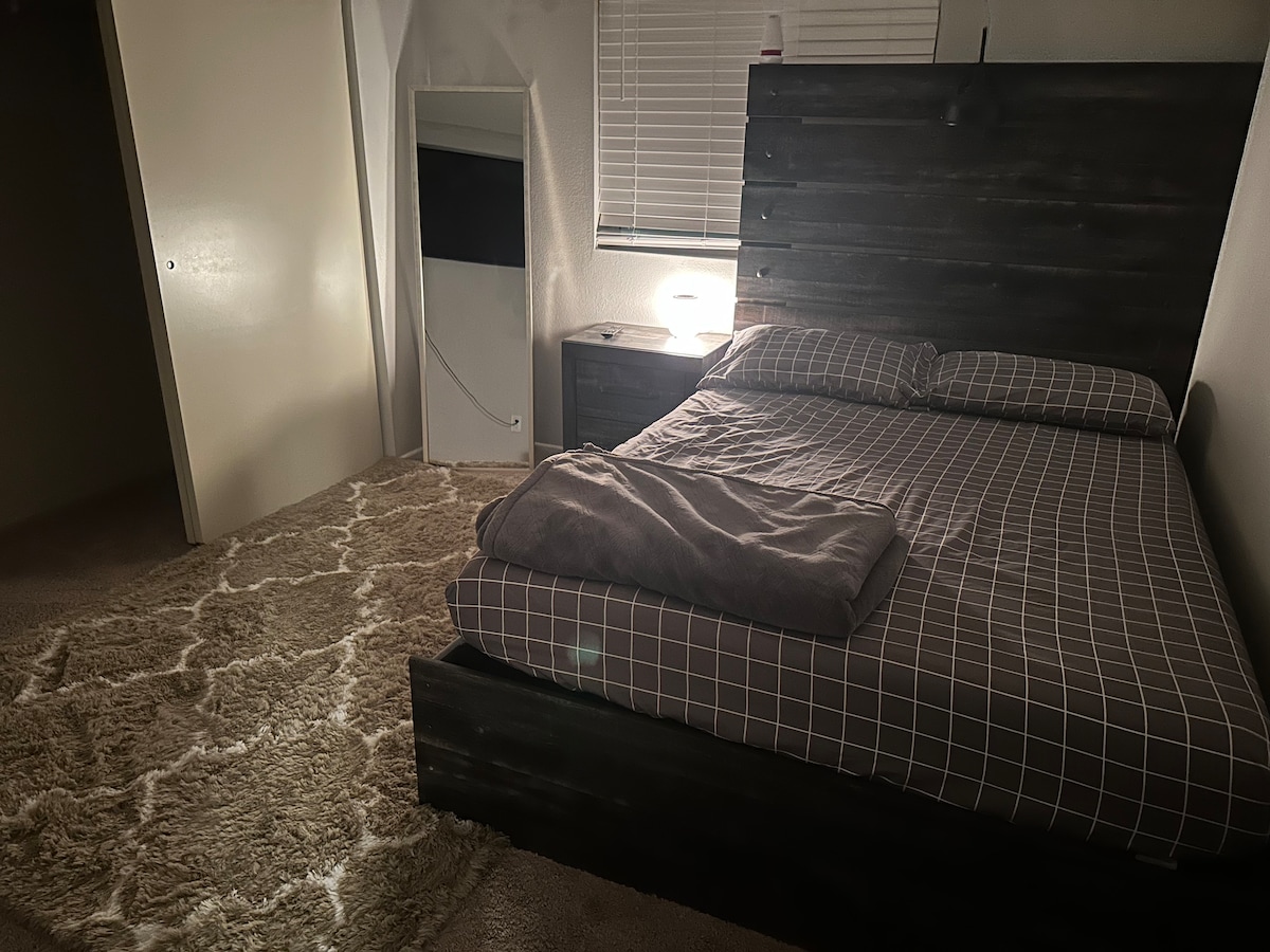 The sleeping area features a spacious bed with a fitted checkered sheet and a gray blanket. A bedside table with a lamp is positioned next to the bed. The room's soft carpet and natural light from the window create a calming environment.