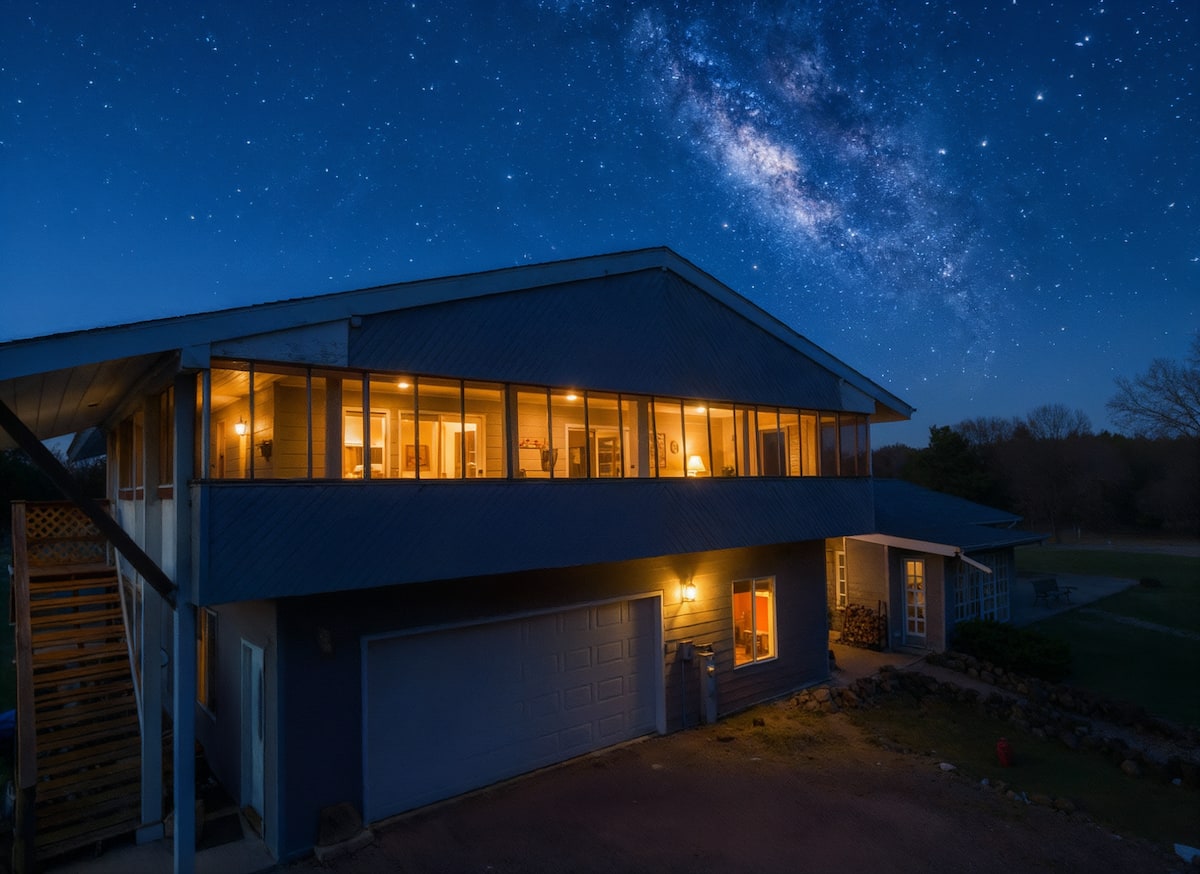 The Evergreen Airbnb Homestead apartment glowing under a starry night sky on Kerry and Jen’s 20-acre homestead near Montello, Wisconsin