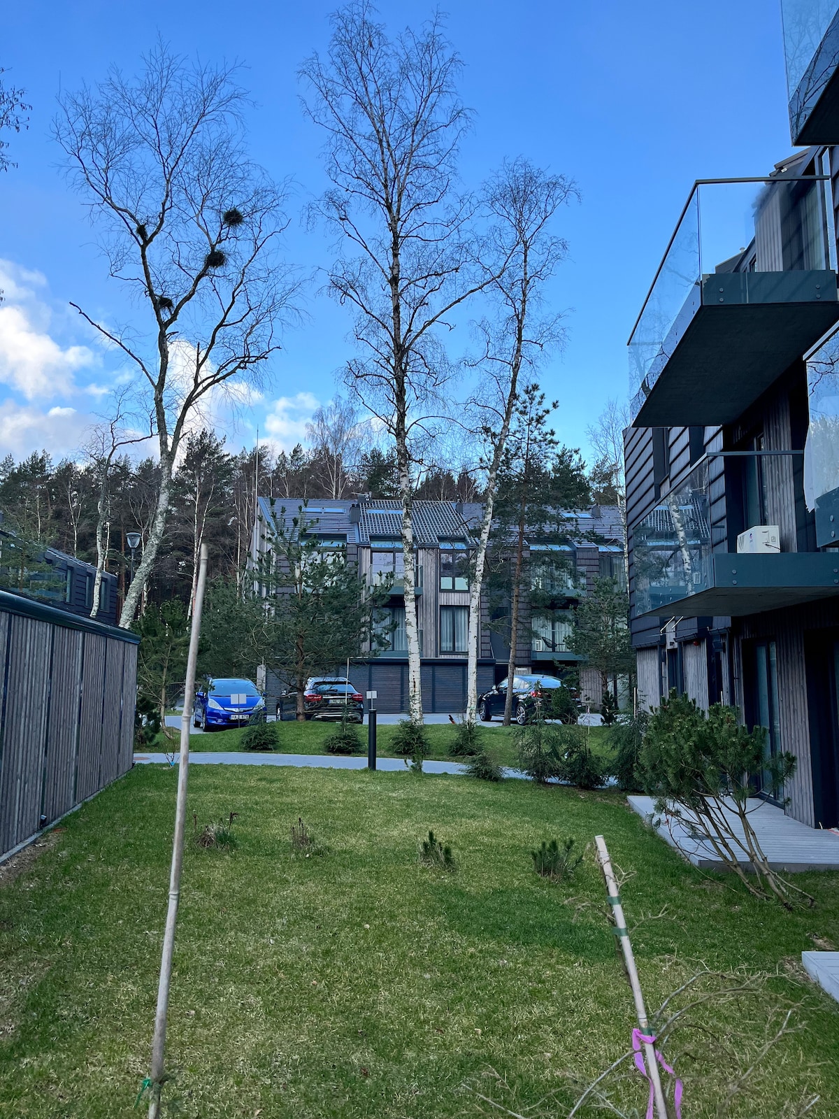 A view of the exterior area showcases a well-maintained green space with grass and small plants. In the background, modern buildings are visible, framed by tall trees against a bright sky. The presence of parked cars indicates accessibility to the area.