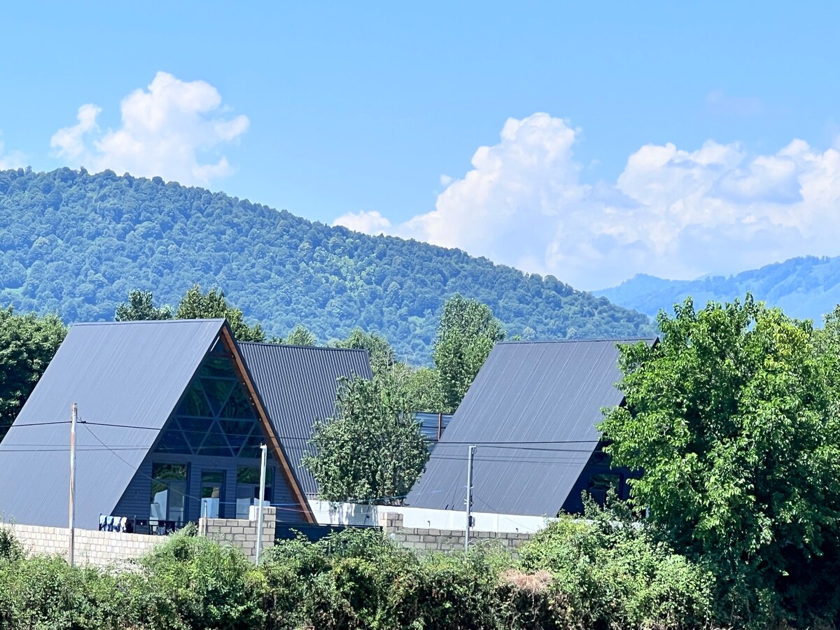 Two modern chalet structures with angular roofs are set against a backdrop of rolling hills and lush green trees. The scene features a clear blue sky with scattered clouds, enhancing the fresh and natural surroundings.