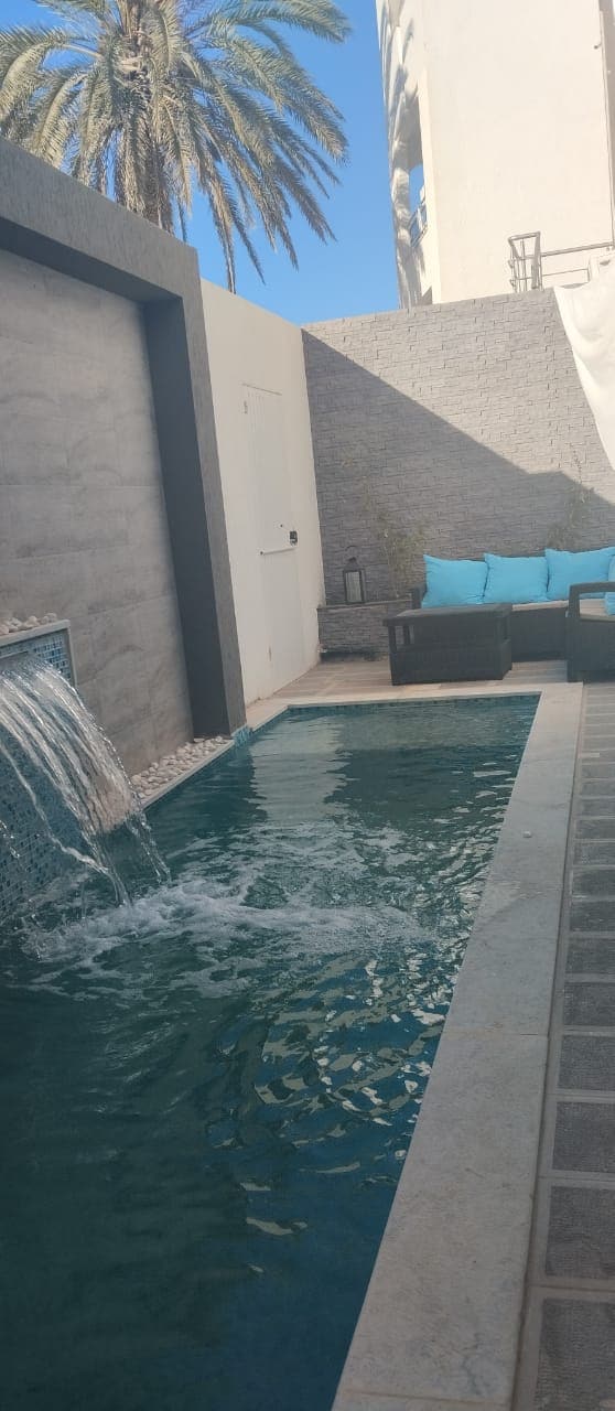 A small pool features a cascading waterfall, surrounded by smooth tiles and decorative stones. Comfortable seating is arranged nearby against a backdrop of palm trees and a solid wall. Natural light highlights the tranquil water, creating a serene atmosphere.