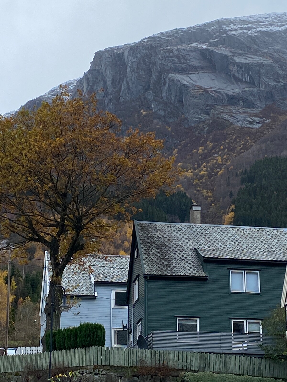A view of the house with grey and green exteriors is presented in the foreground, framed by an autumn tree with golden leaves. In the background, a rugged mountain looms, showcasing a blend of rocky cliffs and lush greenery, hinting at the natural beauty surrounding the location.