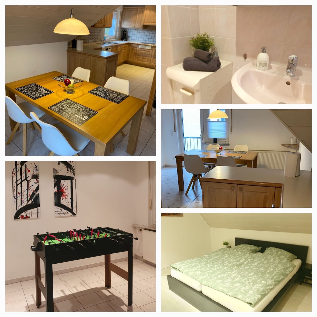 A dining area features a wooden table surrounded by white chairs, complemented by a pendant light above. A cozy space includes a small plant and neatly arranged towels next to a bathtub, while a separate sleeping area showcases a spacious bed with a patterned duvet.