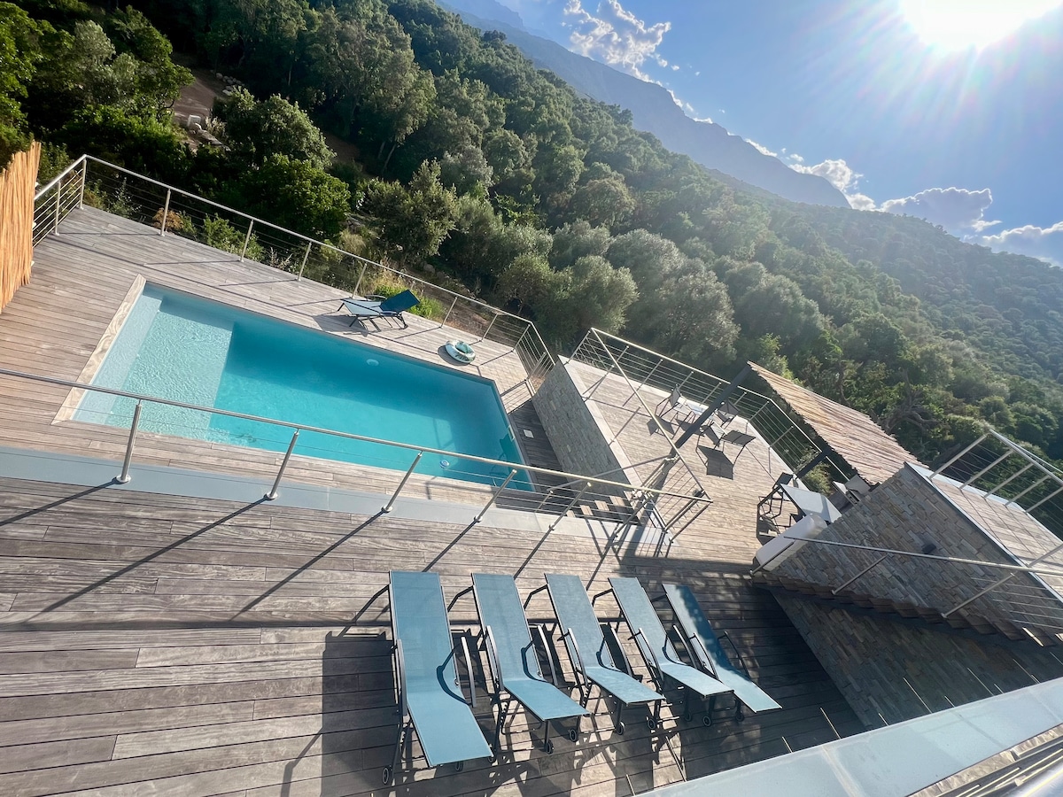 An aerial view reveals a wooden terrace featuring a swimming pool surrounded by sun loungers. Lush greenery and hills are visible in the background, while outdoor seating arrangements invite relaxation. The terrace enjoys bright sunlight, creating a serene outdoor space.