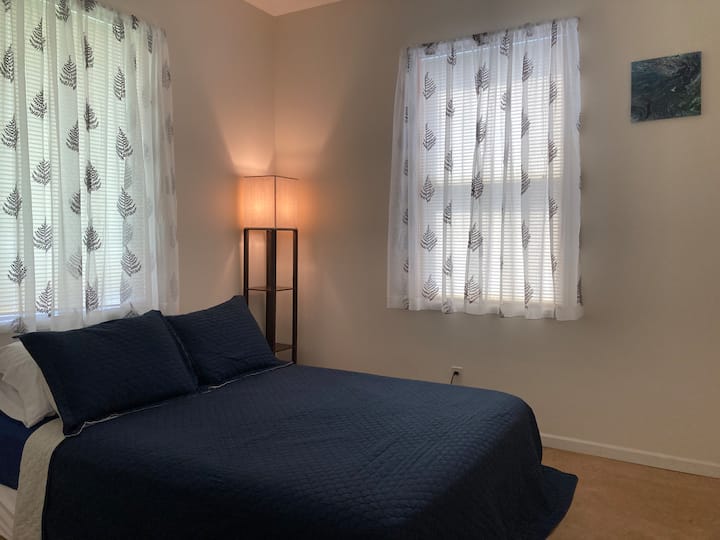 Simple bedroom includes 1 queen bed, bedside shelf-lamp, closet with drawers, shelves, and hanging space. 