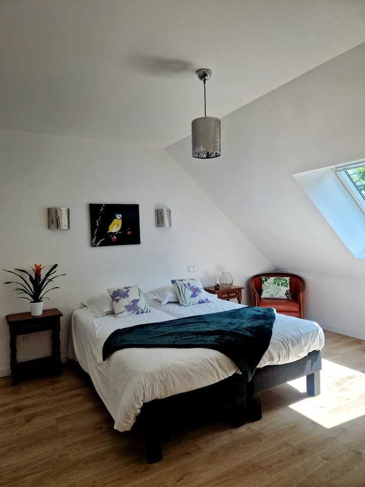 chambre spacieuse à 2 lits plus un autre lit très lumineuse beau volume , 
"hôtel" dans le sud manche prés du gr 223 , baie du mont saint Michel