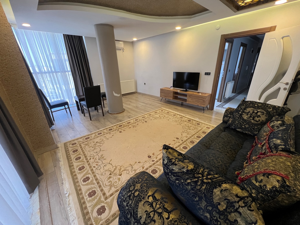 A spacious living area features a decorative rug set on wooden flooring. A comfortable couch in deep blue with ornate patterns invites relaxation. A flat-screen TV is mounted on a wooden entertainment unit. A dining table for four is visible through a doorway. Natural light filters in from large windows dressed with light curtains.
