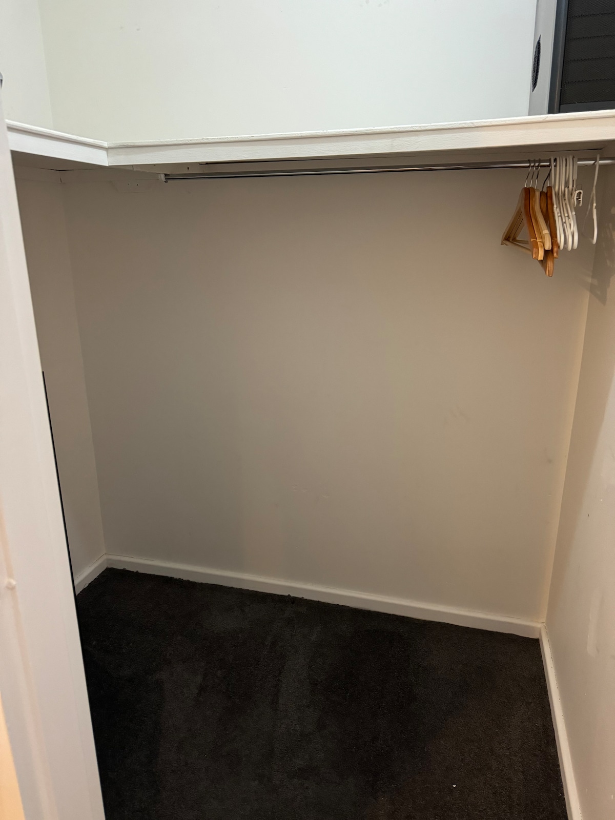 A spacious closet is equipped with a hanging rod and several wooden hangers. The interior features a clean, white wall and a dark carpeted floor, providing ample storage space for personal items.