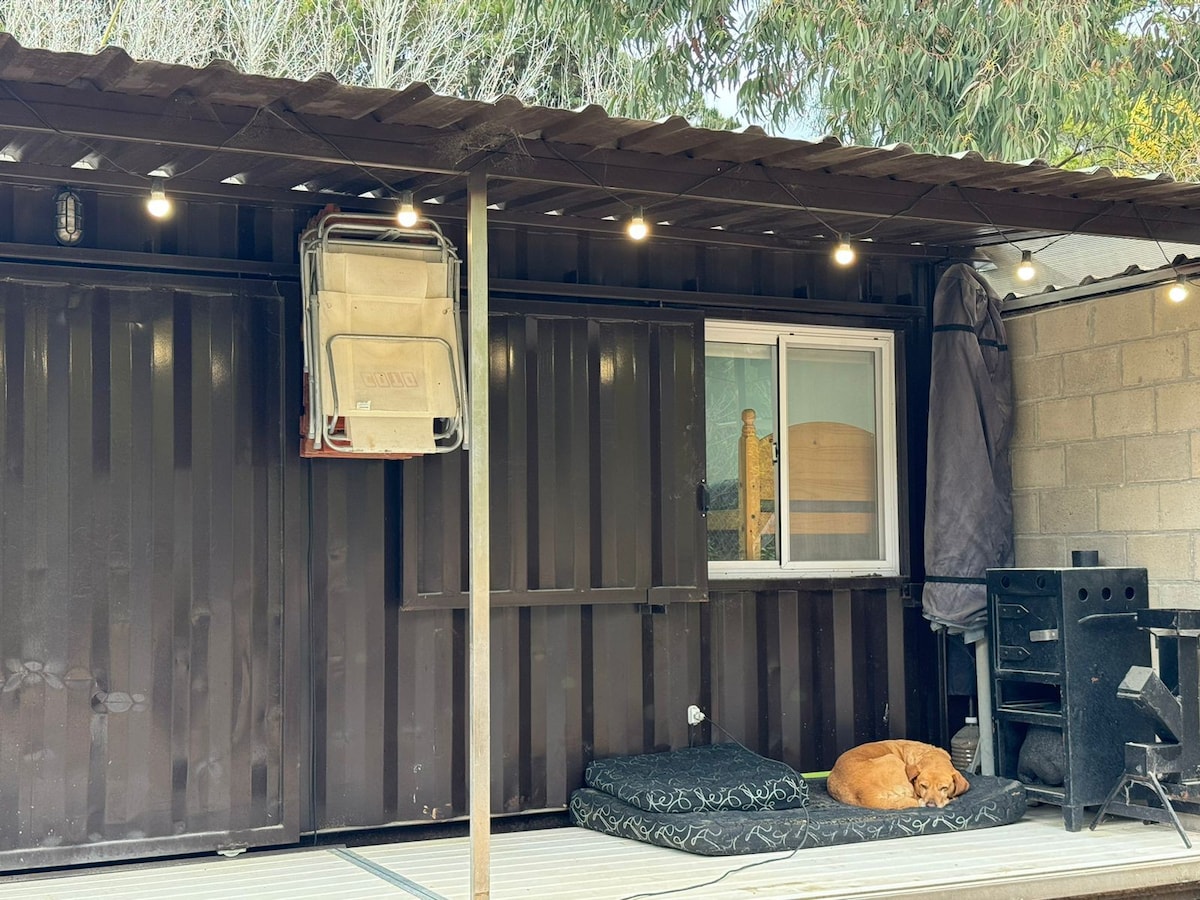 A shaded outdoor area features a cozy seating arrangement with a large cushion and a relaxed dog resting on it. A window provides natural light, while outdoor lighting fixtures enhance the space. A grill is positioned nearby for outdoor cooking.