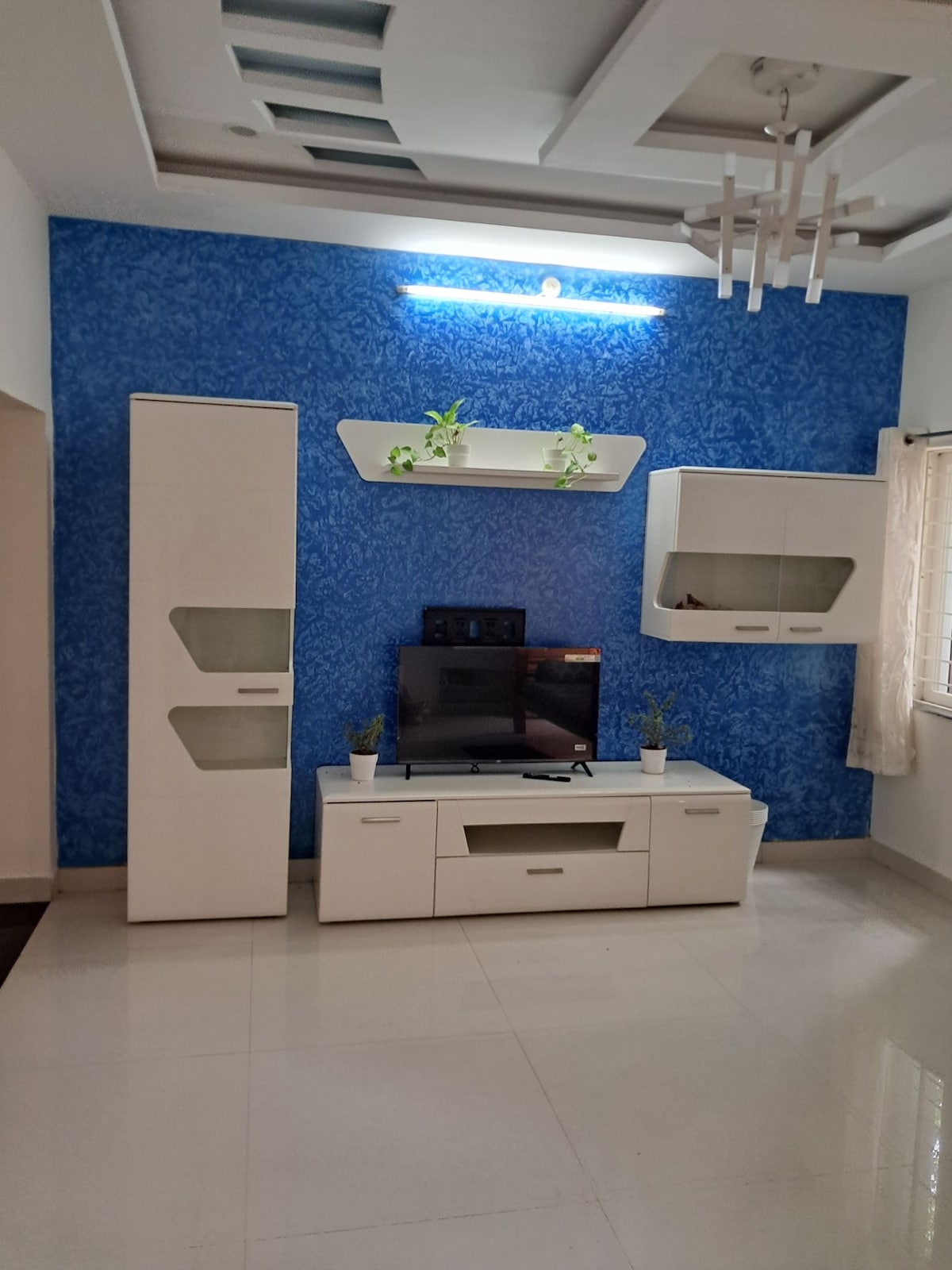 A modern living area is presented, featuring a sleek white entertainment unit with a flat-screen television at its center. Wall-mounted shelves showcase small green plants against a vibrant blue wall, while soft lighting is provided by a contemporary ceiling fixture.