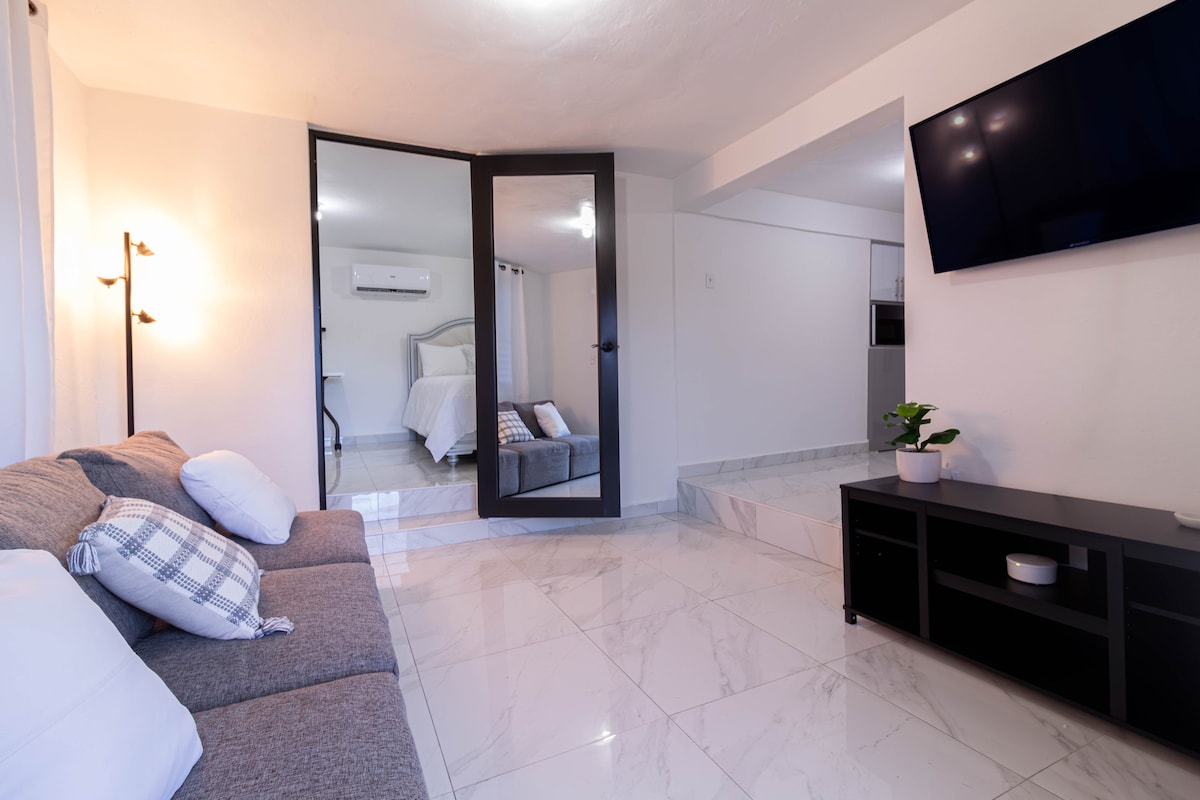 A modern living area features a comfortable gray couch with a patterned throw pillow. Glass doors provide a view into a spacious sleeping area with a bed. A sleek black entertainment unit holds a flat-screen TV, while a small indoor plant adds a touch of greenery.