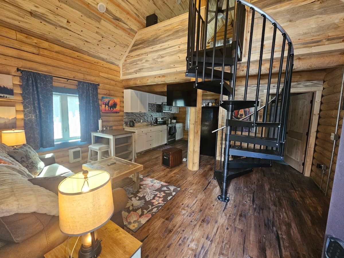 A spacious living area is highlighted by a cozy sofa and a decorative area rug. A spiral staircase leads to the upstairs bedroom. Natural light enters through large windows, while the kitchen is visible in the background, featuring modern appliances and a dining space.