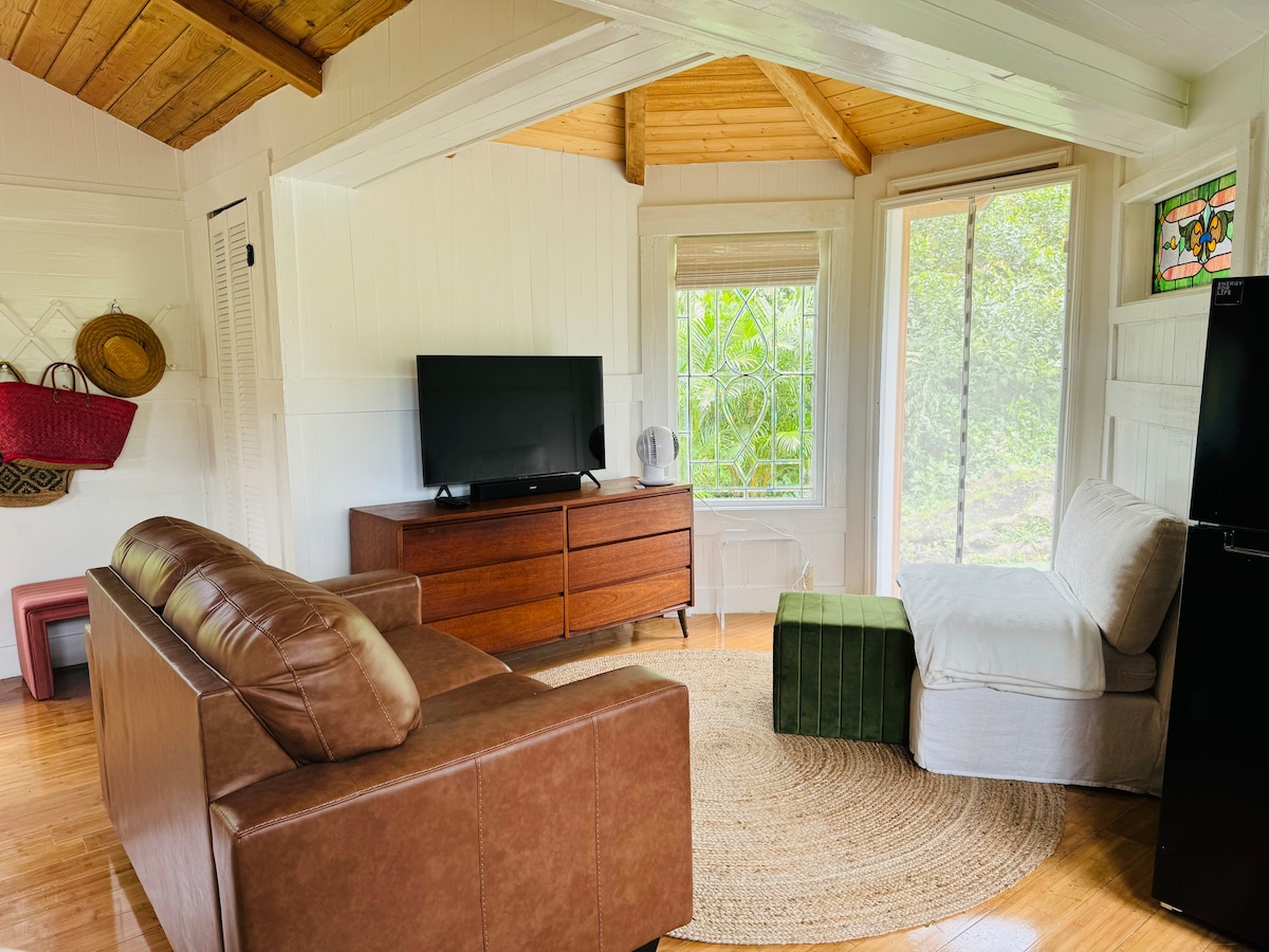 A cozy living area features a brown leather sofa, a wooden TV stand with a television, and a green ottoman. Natural light enters through a large window, complementing the warm wooden ceiling and floor. Decorative elements include a woven circle rug and artful accents.