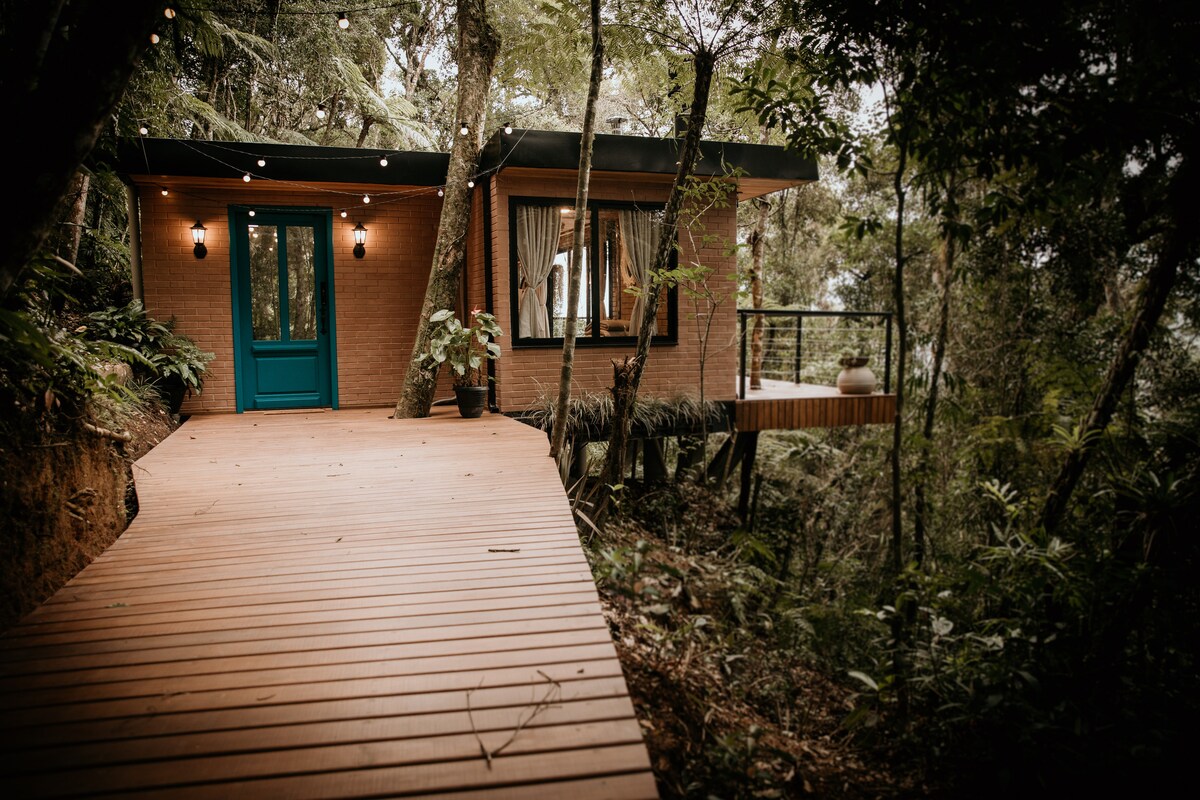 A cabin is positioned amidst lush greenery, with a wooden deck leading to its entrance. The exterior features a vibrant door and window, complemented by natural surroundings. Soft lighting is visible, creating a welcoming ambiance in the tranquil setting.