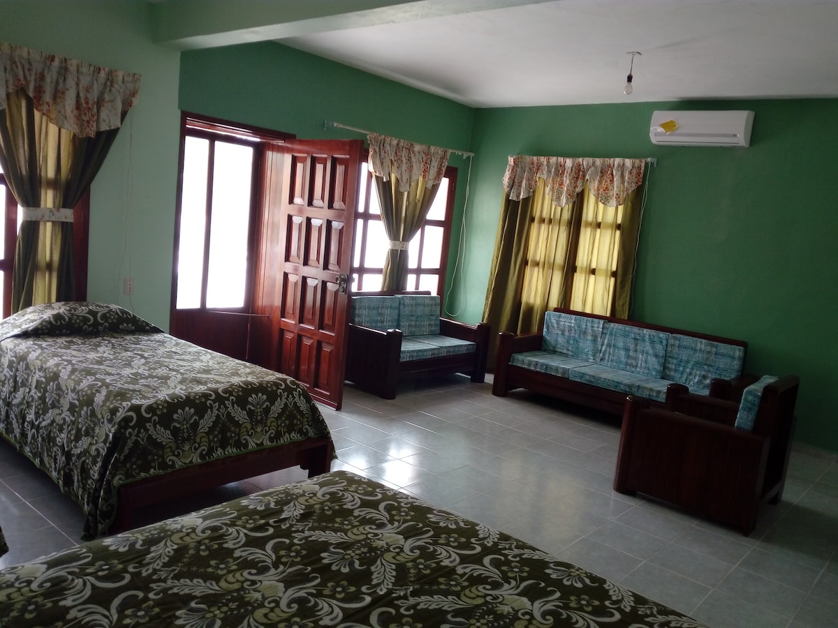 A spacious room features two beds with floral patterned covers, complemented by comfortable seating areas. Large windows adorned with light-filtering curtains allow natural light to brighten the space. The walls are painted in a soft green, enhancing the room’s peaceful ambiance.