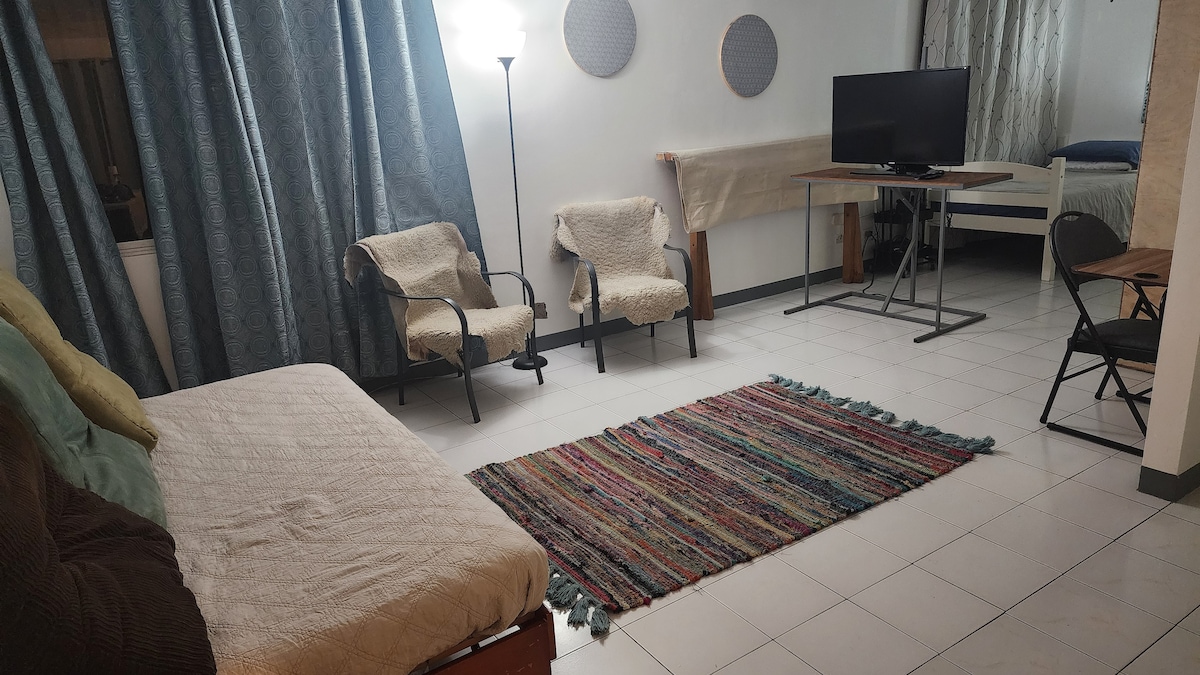 A multi-functional living space is shown with a light-colored futon and two comfortable chairs. A colorful woven rug lies in the center. Natural light filters through the curtains, and a television is positioned on a folding table against the wall.