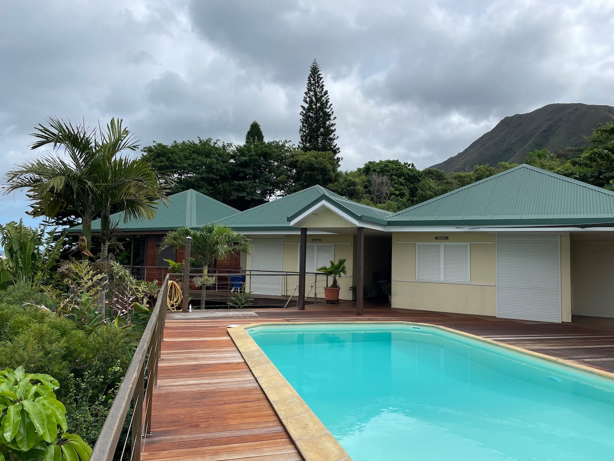 A tranquil setting is presented, featuring a clear swimming pool alongside a deck and a wooden path leading to the entrance. The house is surrounded by lush greenery, with a slate-roof topping visible against a cloudy sky and distant mountain backdrop.
