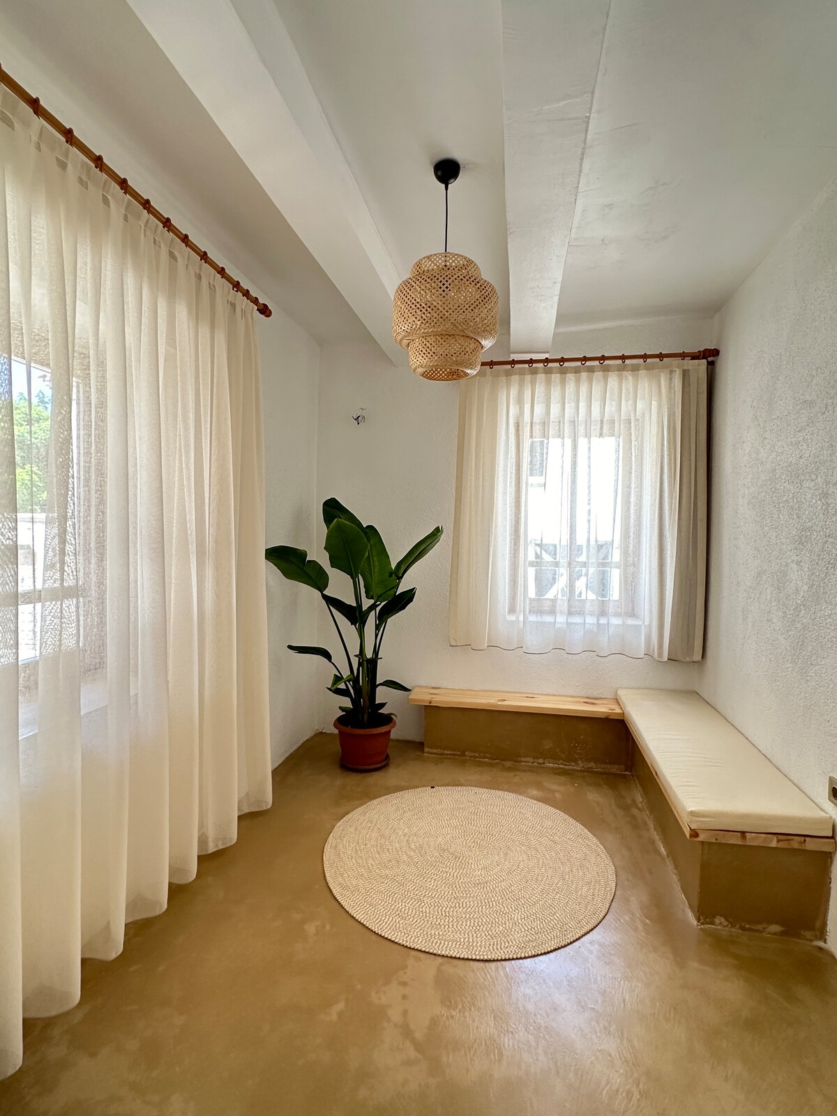 A welcoming entryway features natural light filtering through sheer curtains. A potted plant adds a touch of greenery beside a bench, while a round rug lies on the polished floor, creating a comfortable and serene atmosphere.
