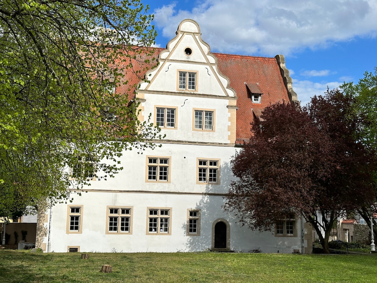 The historic building, constructed in the Renaissance style, features a white facade with large windows. A pointed red roof enhances its architectural appeal, surrounded by lush greenery including trees. The well-maintained lawn offers an inviting space in front of the structure.