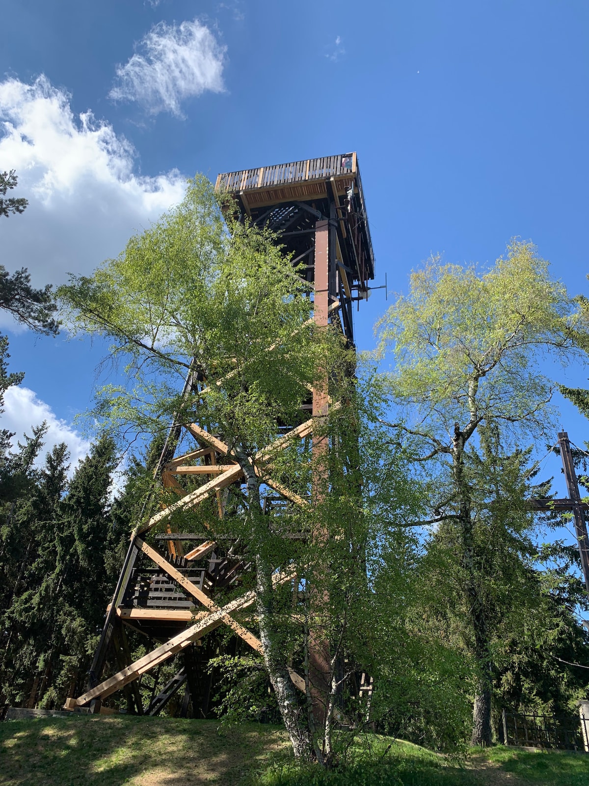 A tall wooden observation tower rises amidst a backdrop of lush green trees and clear blue skies. The structure is supported by sturdy beams, with a viewing platform offering expansive views. Surrounding foliage provides a natural frame, enhancing the tower's visibility in the landscape.