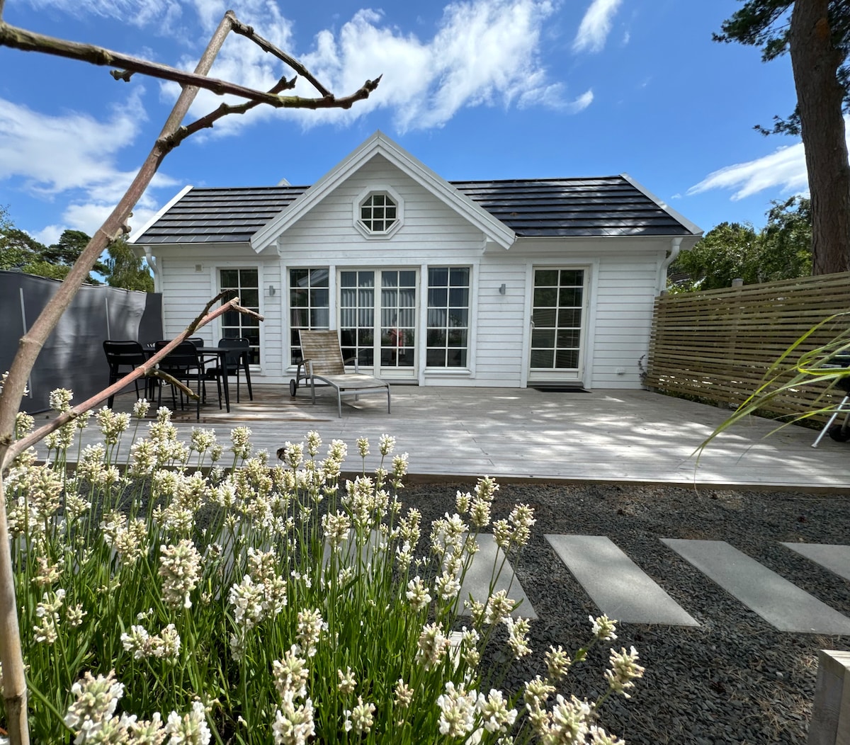 A modern white cottage is shown with large windows allowing natural light to fill the space. The outdoor area features a spacious patio with seating and a dining table, surrounded by greenery and flowers, contributing to a relaxing environment.