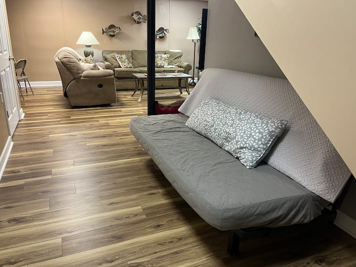 Queen sized futon bed (listed as "sofa bed") in 2nd living room off bedroom and bathroom in terrace level