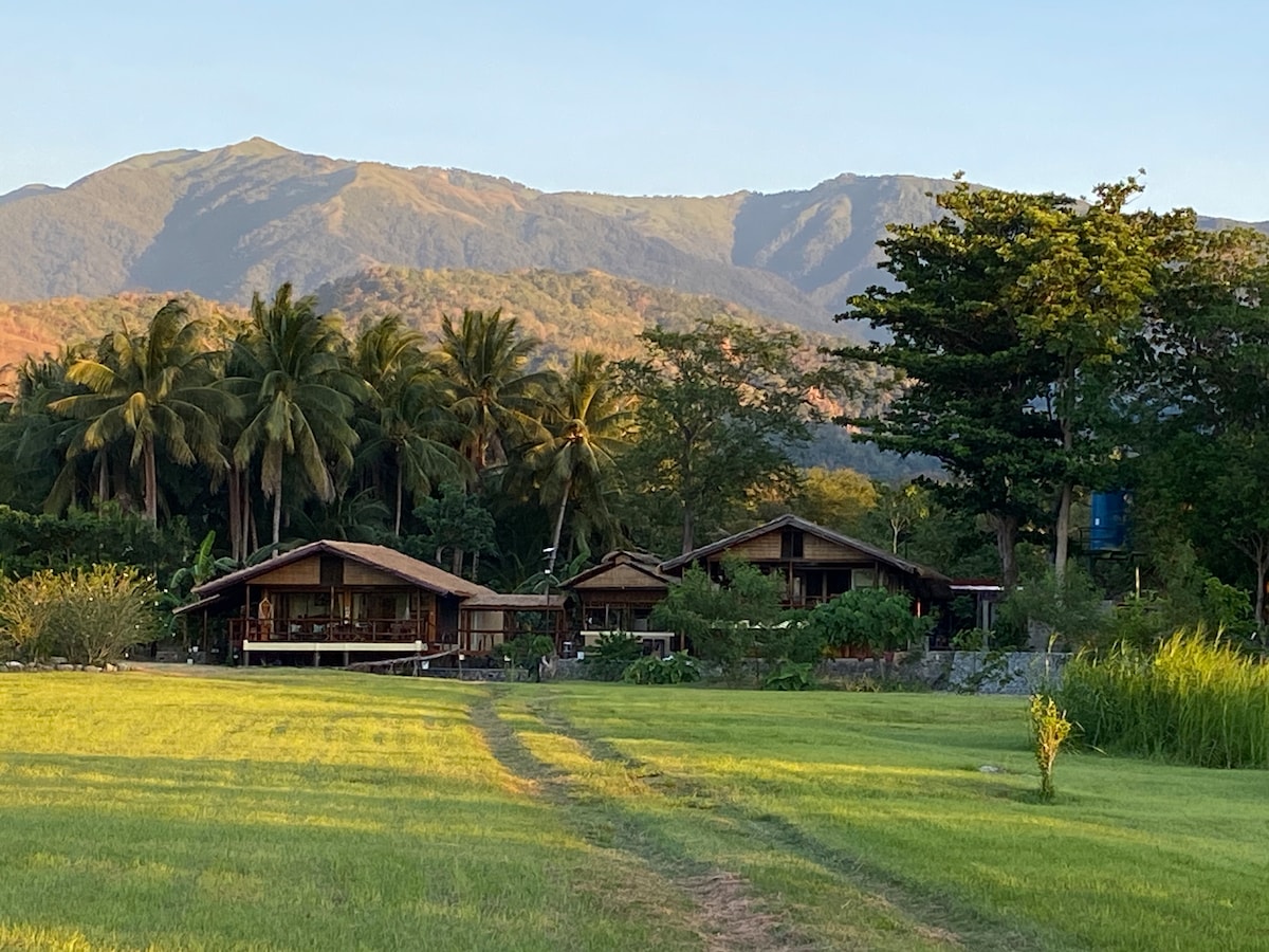 A peaceful landscape features several wooden structures amidst lush greenery and tall palm trees, set against a backdrop of majestic mountain ranges. A path meanders through a grassy field, leading toward the inviting accommodations.