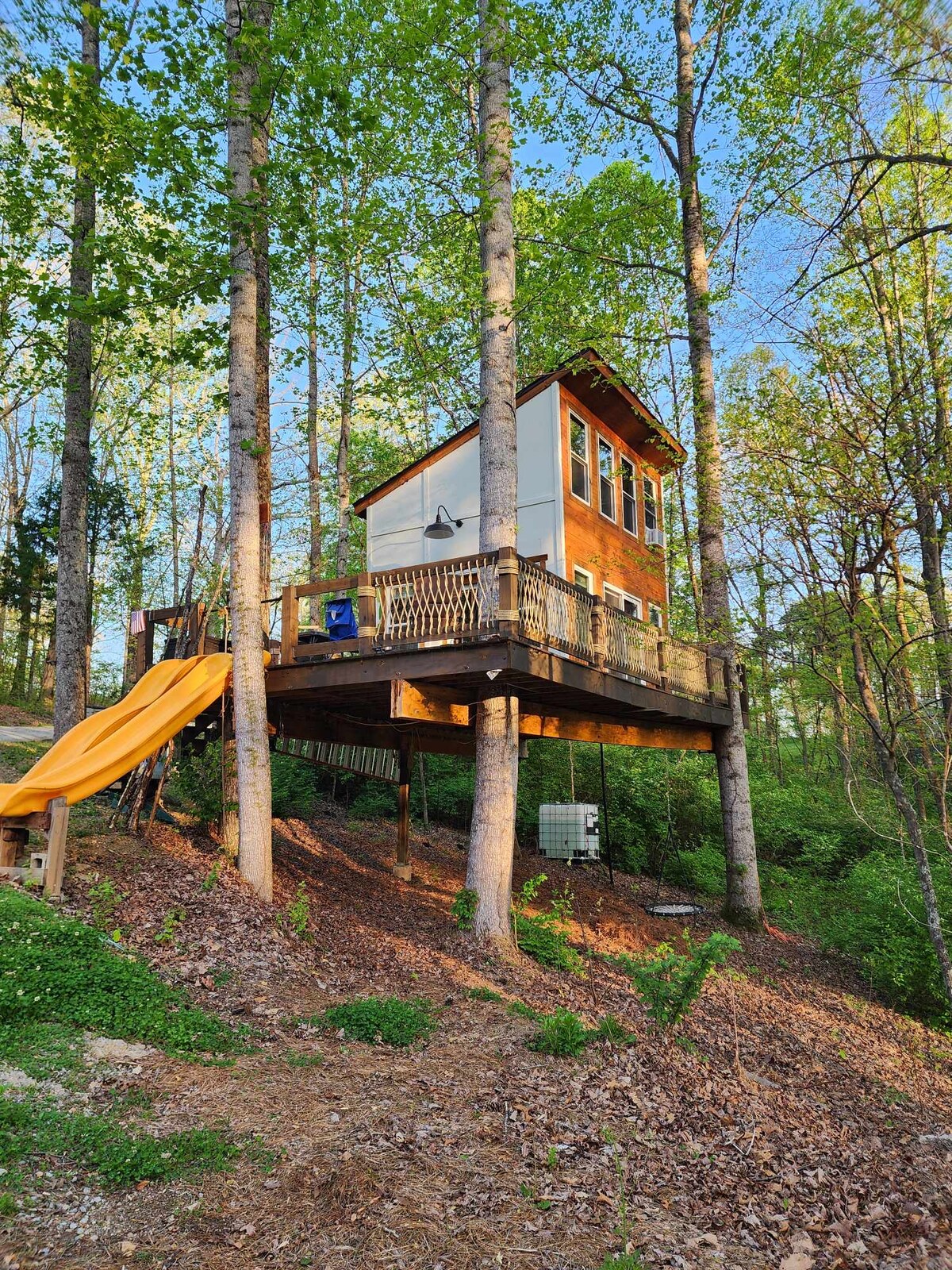 A treehouse with a wooden deck is elevated among tall trees, showcasing large windows that invite natural light. A slide extends from the deck, providing a playful addition to the outdoor space. Surrounding greenery enhances the serene atmosphere of the retreat.