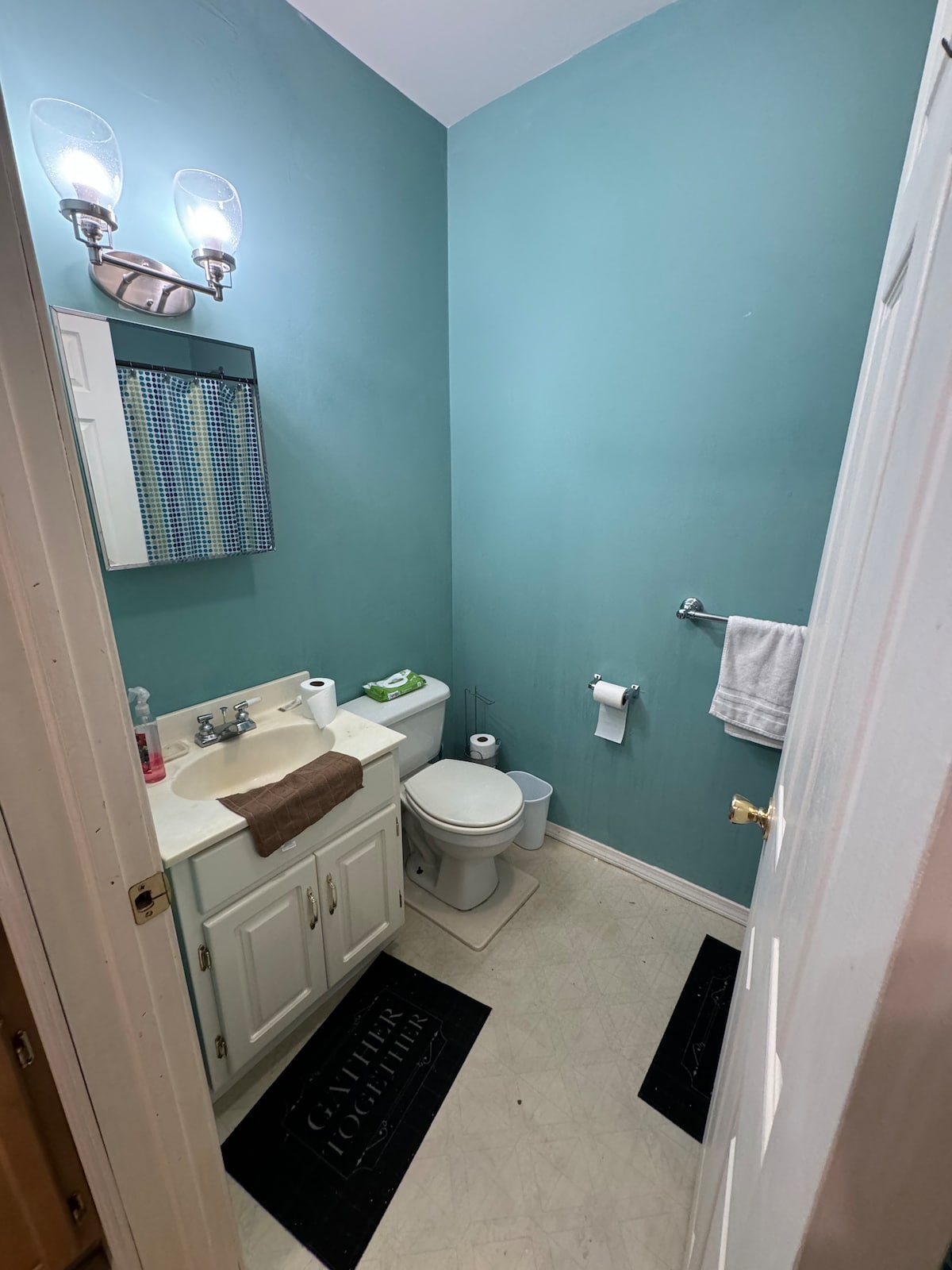 A compact bathroom is framed by light teal walls, featuring a white vanity with a sink and a large mirror. A towel rack holds a white towel, while decorative rugs are laid on the floor. Basic amenities are neatly arranged, providing essentials for guests.