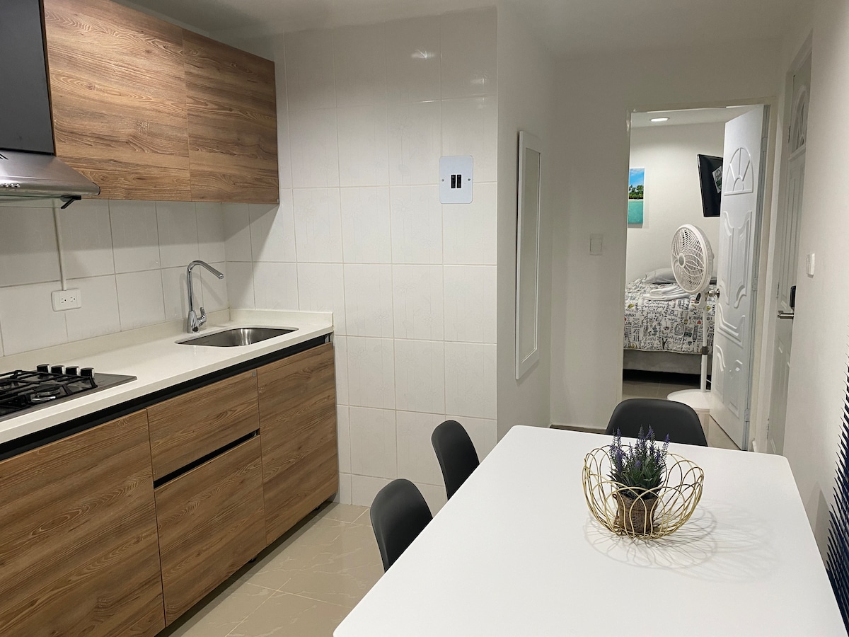 A modern kitchen area is displayed, featuring wooden cabinetry, a stainless steel sink, and a gas stove. A simple white dining table is set with black chairs. A mirror is mounted on the wall beside the kitchen, with a glimpse of the sleeping area visible in the background.