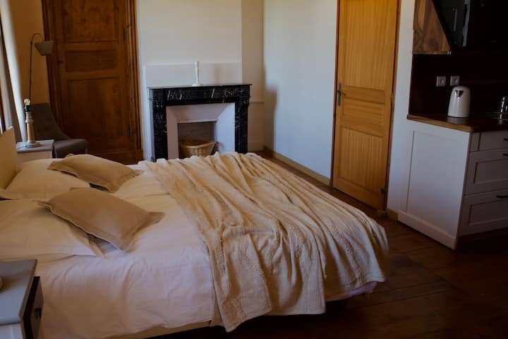 Lit King Size avec kitchenette et accès à une salle de bain privée et à des toilettes