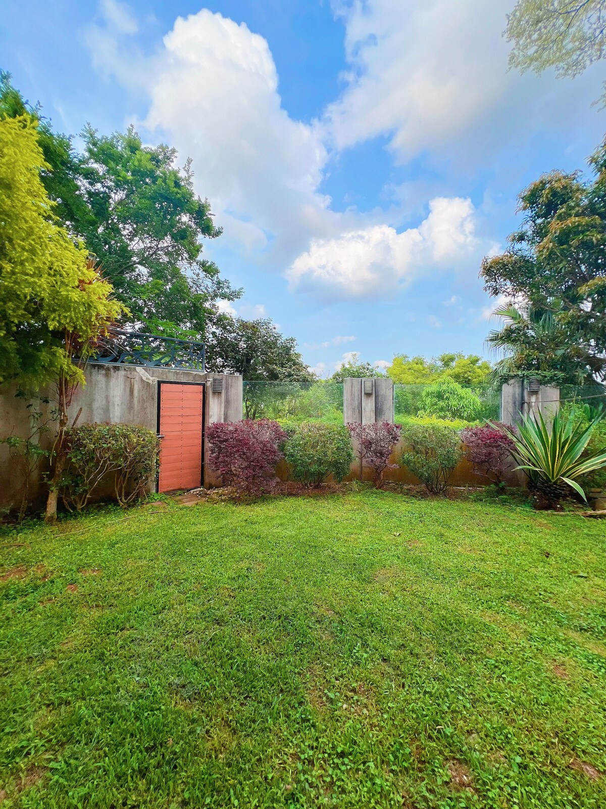 A well-maintained garden is framed by a low stone wall, featuring vibrant green grass and a variety of shrubbery. A wooden gate is set against the wall, alongside trees that provide a natural backdrop under a partly cloudy sky.