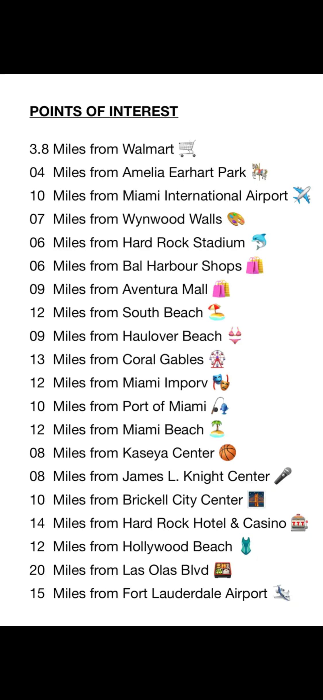 A list of nearby points of interest is displayed, highlighting various attractions and amenities. Distances from the listing to locations such as Walmart, Miami International Airport, and several beaches are provided, facilitating easy travel planning for guests.