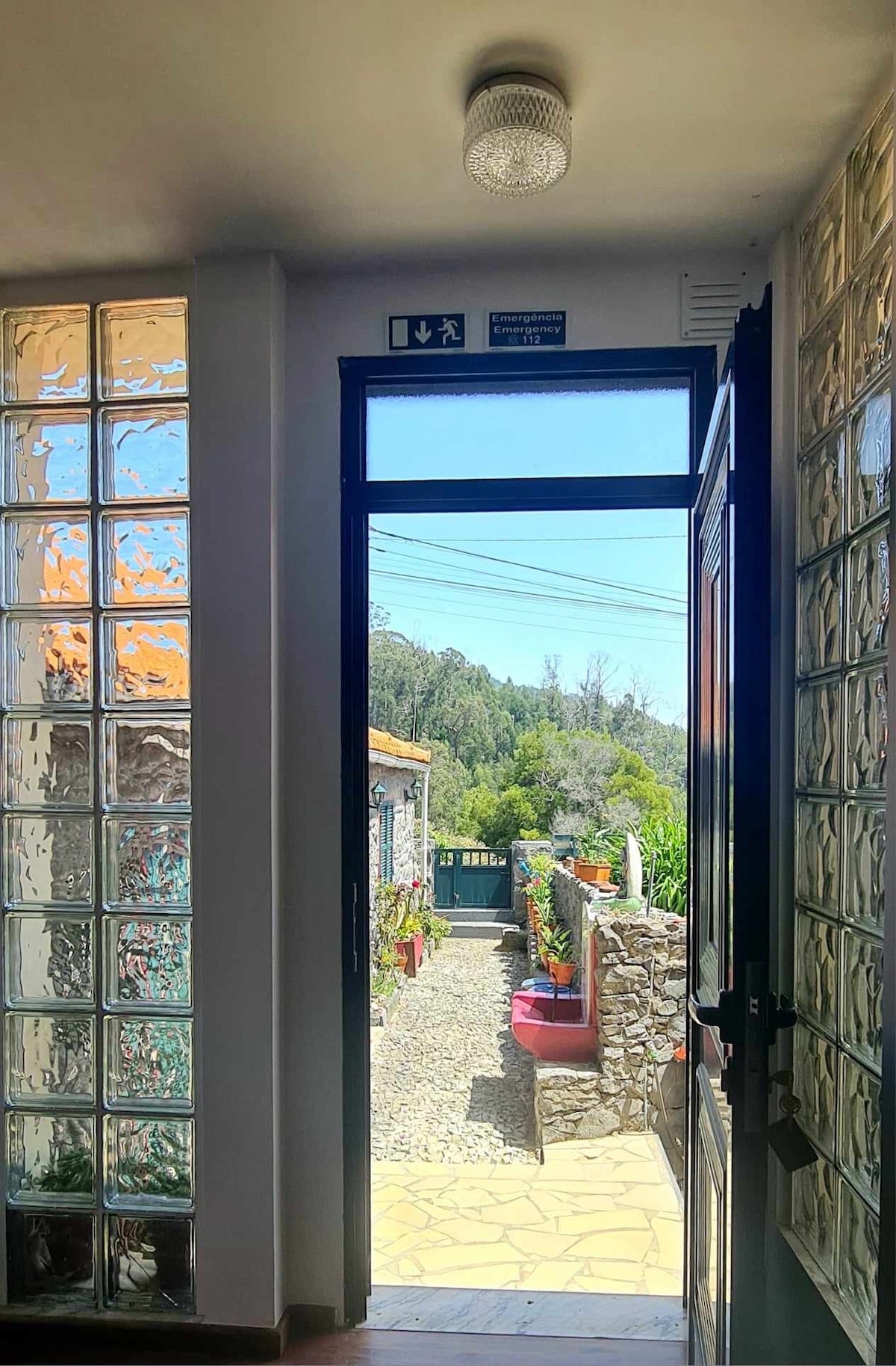 An entrance area is depicted, featuring a large glass door opening towards a garden space. The sunlight filters through the textured glass bricks on either side. Outside, a stone pathway leads to a vibrant green landscape adorned with colorful plants.