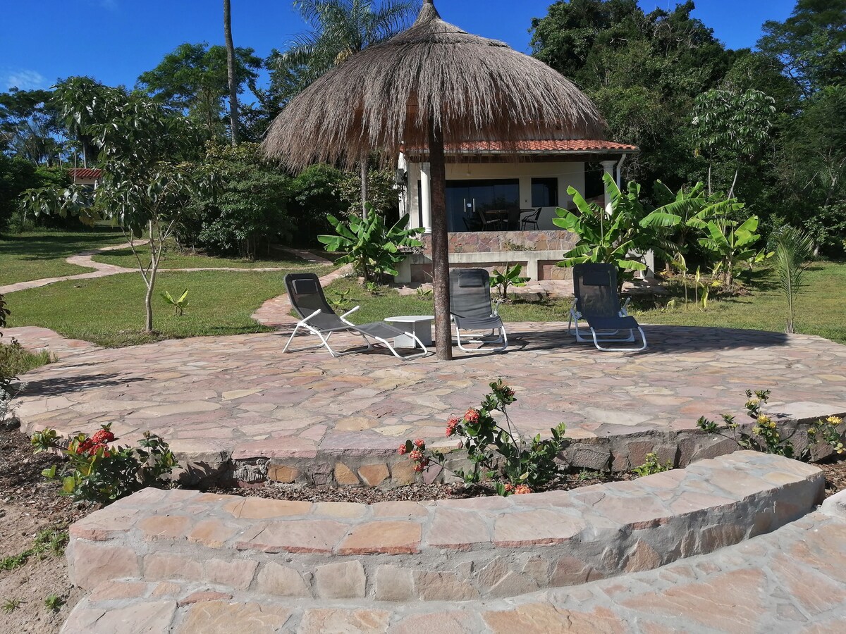 A stone patio is featured, bordered by lush greenery, with a thatched umbrella providing shade. Two lounge chairs are arranged nearby, inviting relaxation. The pathway meanders through the garden, connecting to the main dwelling visible in the background.