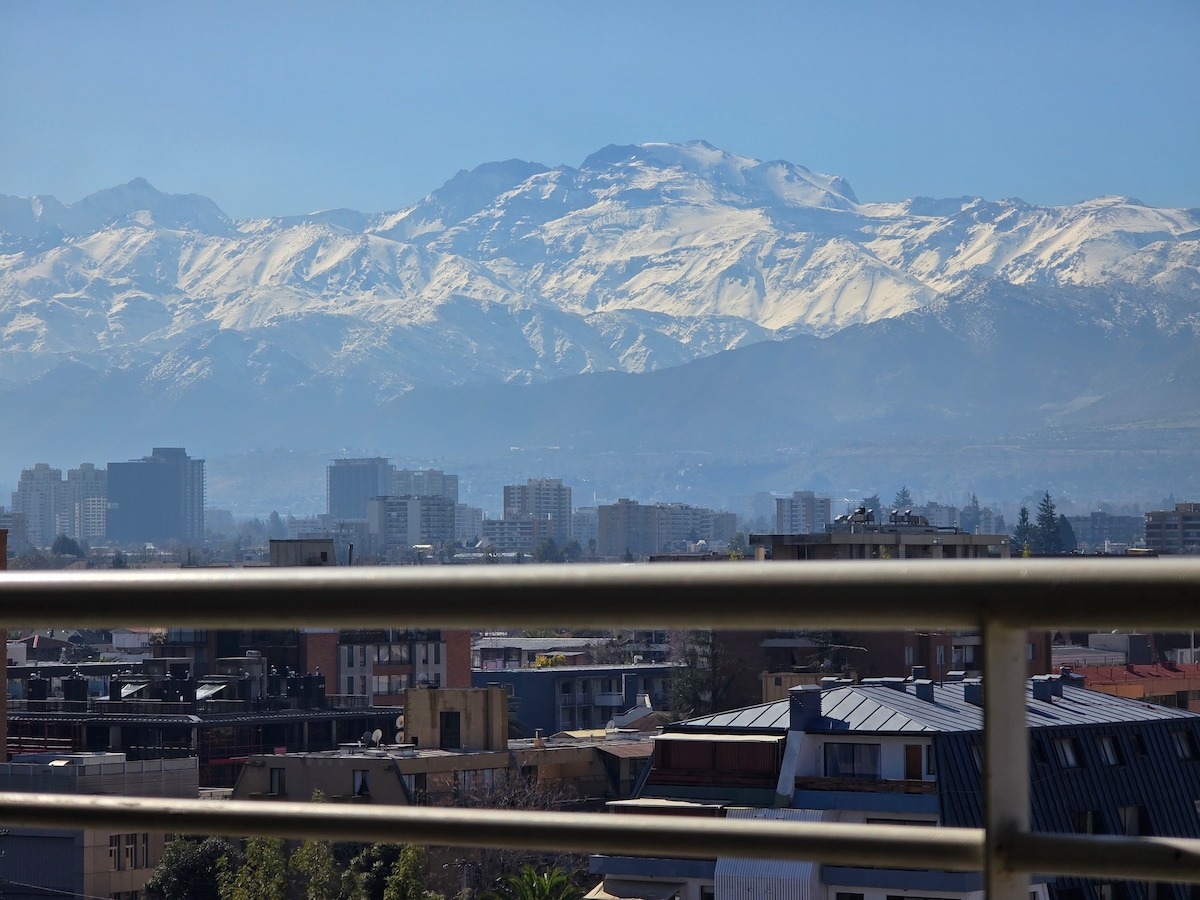 A panoramic view is captured, showcasing snow-capped mountains in the background against a clear blue sky. The foreground features a railing that separates the viewer from the expansive cityscape below, comprised of various buildings and rooftops.
